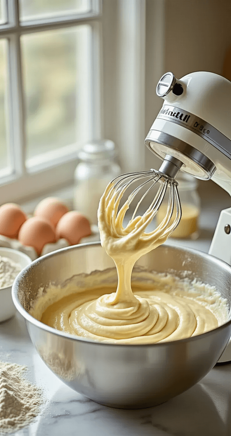 Close-up of luxurious cake batter in a stainless steel bowl, mixed with soft light illuminating the creamy texture. Ingredients like farm-fresh eggs and vanilla extract are measured on a marble countertop, while an electric mixer creates gentle ripples in the golden batter amidst a dusting of flour.