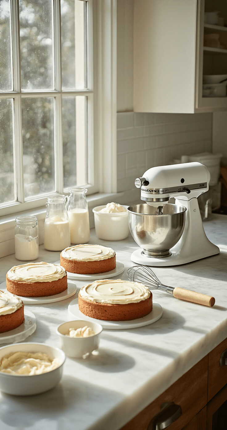 Two-Tier Wedding Cake: Your Ultimate DIY Guide A sunlit professional kitchen with a white marble countertop displaying leveled cake layers, baking tools, a stand mixer with buttercream, and organized measuring cups, illuminated by natural light.