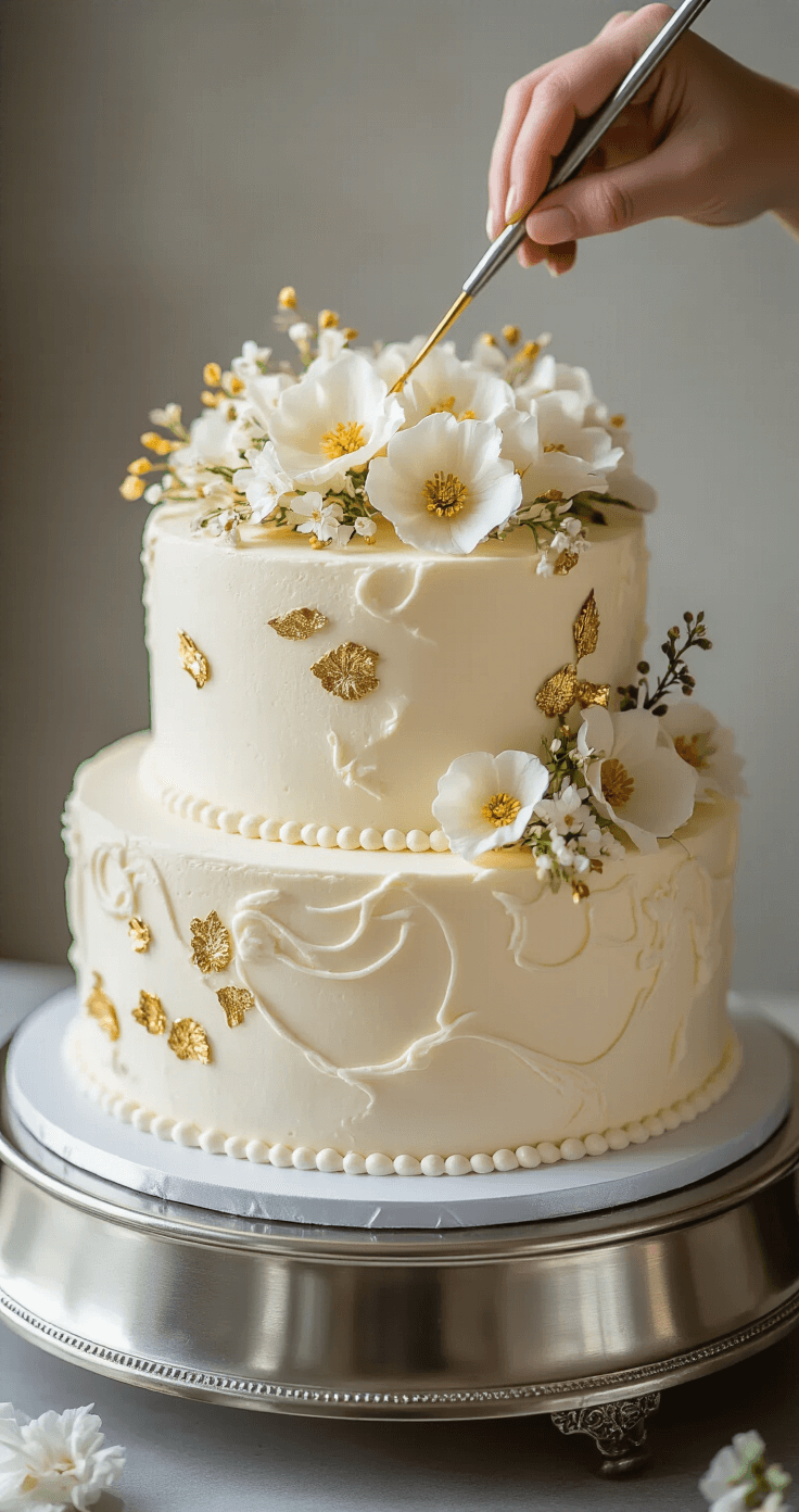 Two-Tier Wedding Cake: Your Ultimate DIY Guide A close-up of a two-tier wedding cake on a metallic silver stand, featuring textured ivory buttercream, golden dowels, and delicate edible flower decorations being applied under soft studio lighting.