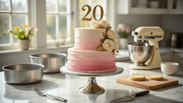 A photorealistic image of a blush pink ombre birthday cake on a silver stand in a modern kitchen, featuring vintage piping, gold sprinkles, and a '20' topper, with fresh cream roses and a professional baking setup in the background.