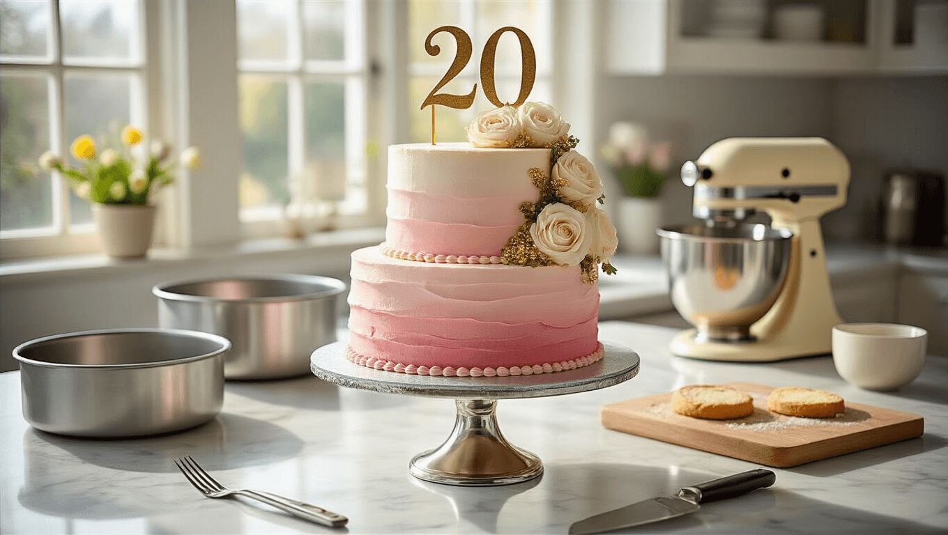 A photorealistic image of a blush pink ombre birthday cake on a silver stand in a modern kitchen, featuring vintage piping, gold sprinkles, and a '20' topper, with fresh cream roses and a professional baking setup in the background.