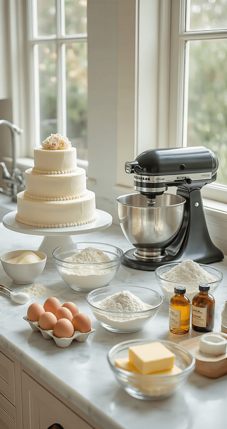 A well-organized wedding cake preparation scene featuring a marble countertop with ingredients like flour, eggs, butter, and vanilla extract, illuminated by natural light. Professional baking tools and lined cake pans are prominently displayed, creating a tidy and inviting atmosphere.