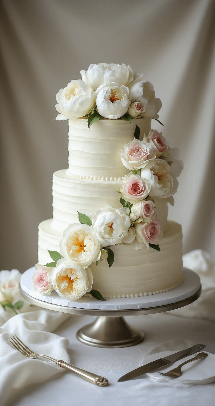 A three-tiered white wedding cake on a silver stand, adorned with fresh peonies and pale pink roses, under soft afternoon light.