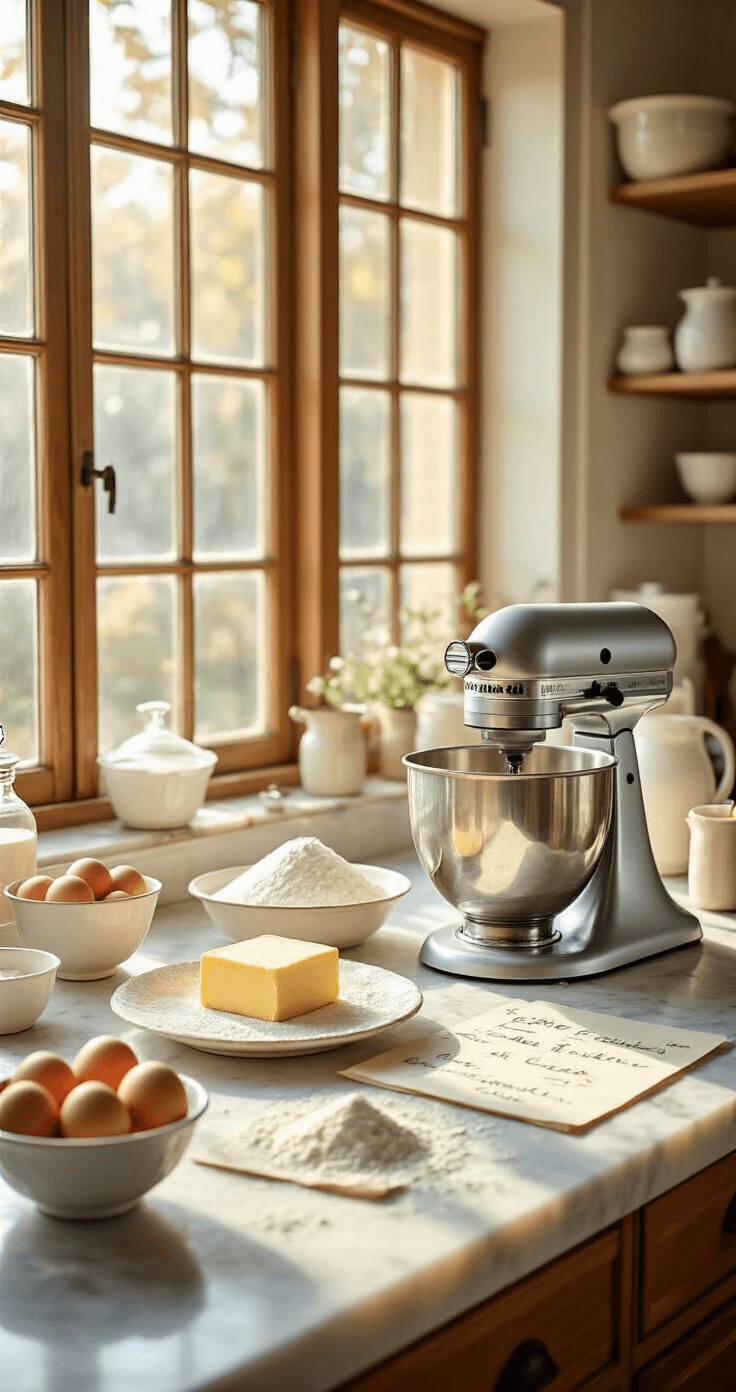 Professional pastry kitchen with warm natural light, featuring a marble countertop adorned with ingredients for a royal wedding cake, including crystalline sugar, butter, eggs, and flour, alongside a silver stand mixer and handwritten recipes.