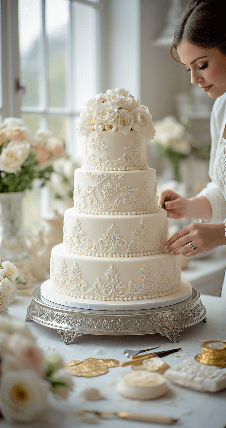 A beautifully decorated multi-tiered white wedding cake on a silver plateau, surrounded by delicate sugar flowers and traditional piping tools, as a master decorator skillfully applies royal icing patterns in a softly lit studio.