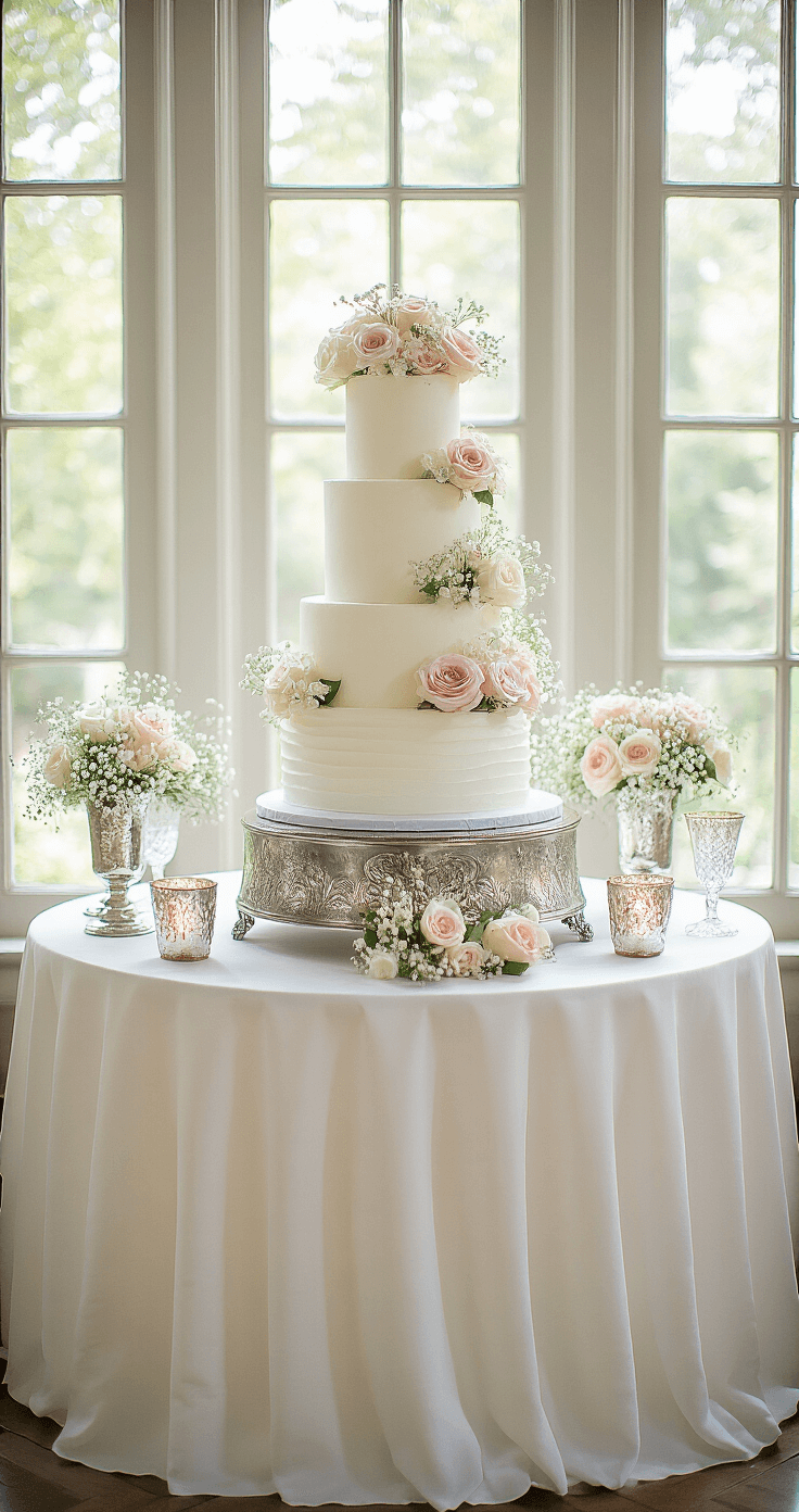 A beautifully arranged wedding cake table featuring a 3-tier white cake on a silver stand, surrounded by pastel roses, baby's breath, and candle holders, all under soft natural light.
