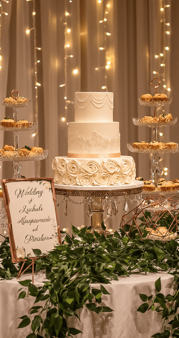 An enchanting evening wedding cake display featuring a magnificent centerpiece cake, surrounded by tiered crystal stands of artisanal desserts, warm uplighting, twinkling fairy lights, vintage calligraphy signage, fresh greenery garlands, and rose gold geometric decorations.