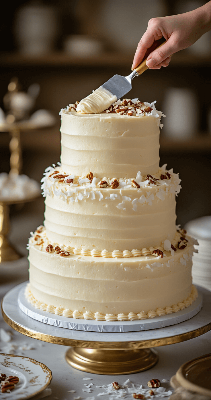 Classic Italian Wedding Cake: A Decadent Celebration Dessert Close-up of a three-tiered wedding cake being assembled with cream cheese frosting, coconut shavings, and chopped pecans, on a rotating stand, with gold-rimmed plates and vintage tools in the background.