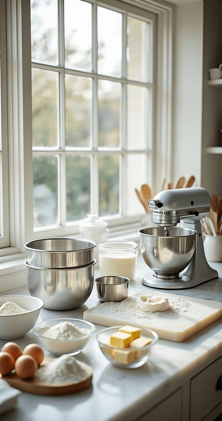 Close-up of a pristine white kitchen countertop with baking equipment and ingredients for wedding cake preparation, featuring a professional stand mixer, glass bowls, and a marble pastry board, all illuminated by natural light.