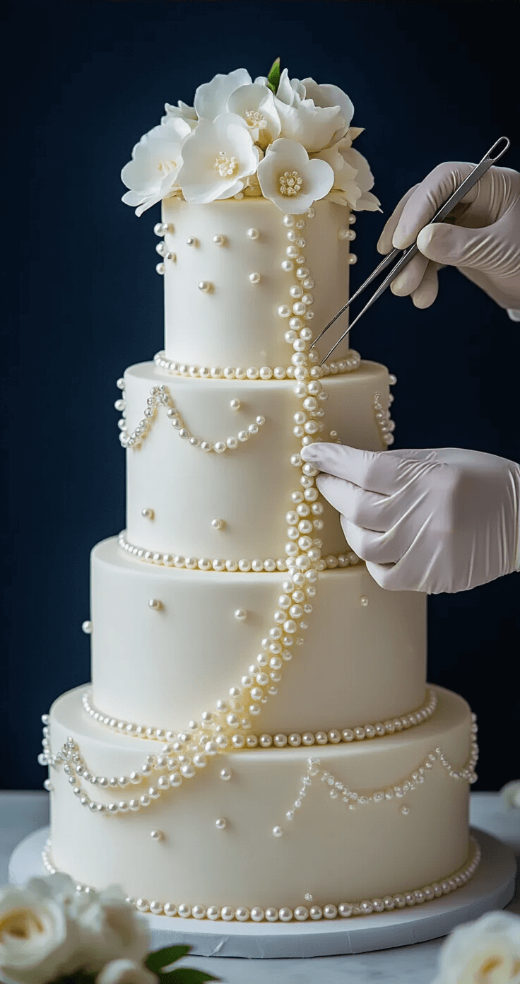 Dramatic overhead shot of a three-tiered white wedding cake being decorated with delicate edible pearls on a dark navy backdrop, featuring a pastry chef's gloved hands placing pearls with silver tweezers and soft-focus sugar flowers in the background.
