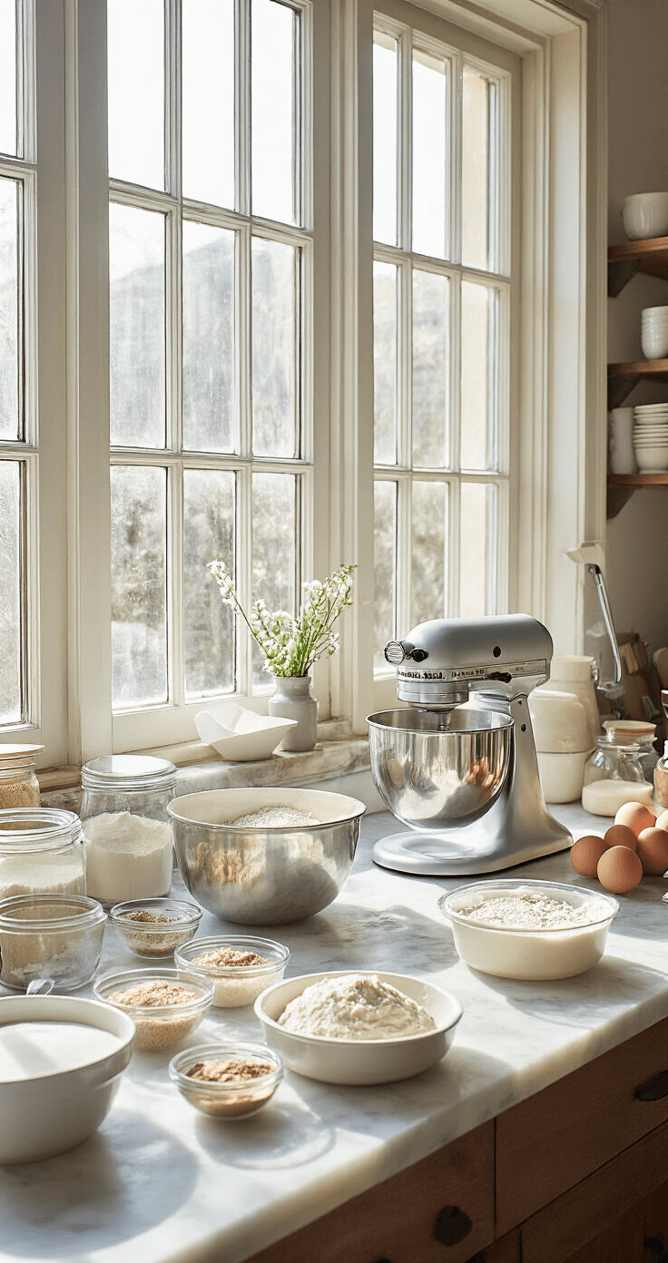 A well-organized baker's workspace with natural light, showcasing measured ingredients in glass bowls, a stand mixer, and neatly arranged baking tools on a marble countertop, conveying a sense of professionalism and preparation for cake making.