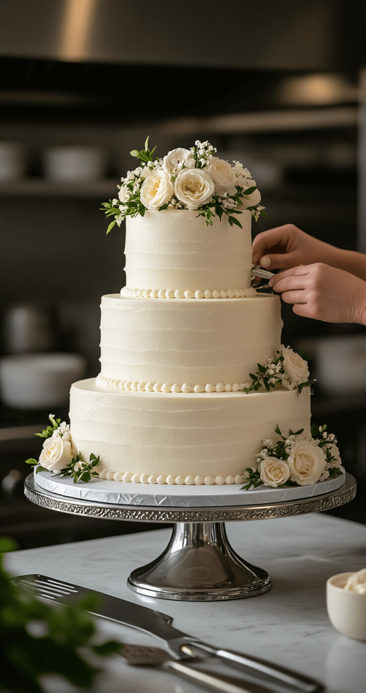 An elegant three-tiered white wedding cake in a professional kitchen, showcasing smooth buttercream layers, delicate piping, fresh flowers, and metallic accents, with tools like a turntable and offset spatula nearby.