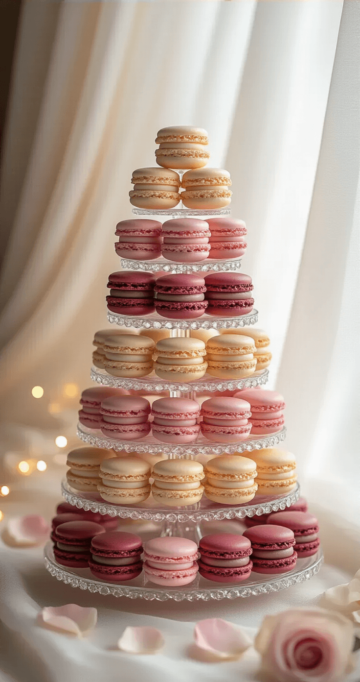 A towering 5-tier crystal display stand showcasing 150 French macarons in an ombré pattern from blush pink to deep burgundy, accented with gold leaf, rose petals, and twinkling fairy lights, all illuminated by soft natural light.