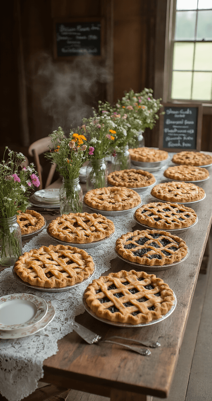 A rustic wedding pie station featuring a reclaimed wooden table adorned with vintage lace runners, showcasing 16 artisanal pies in tin plates, wildflower centerpieces, and handwritten signs describing flavors.