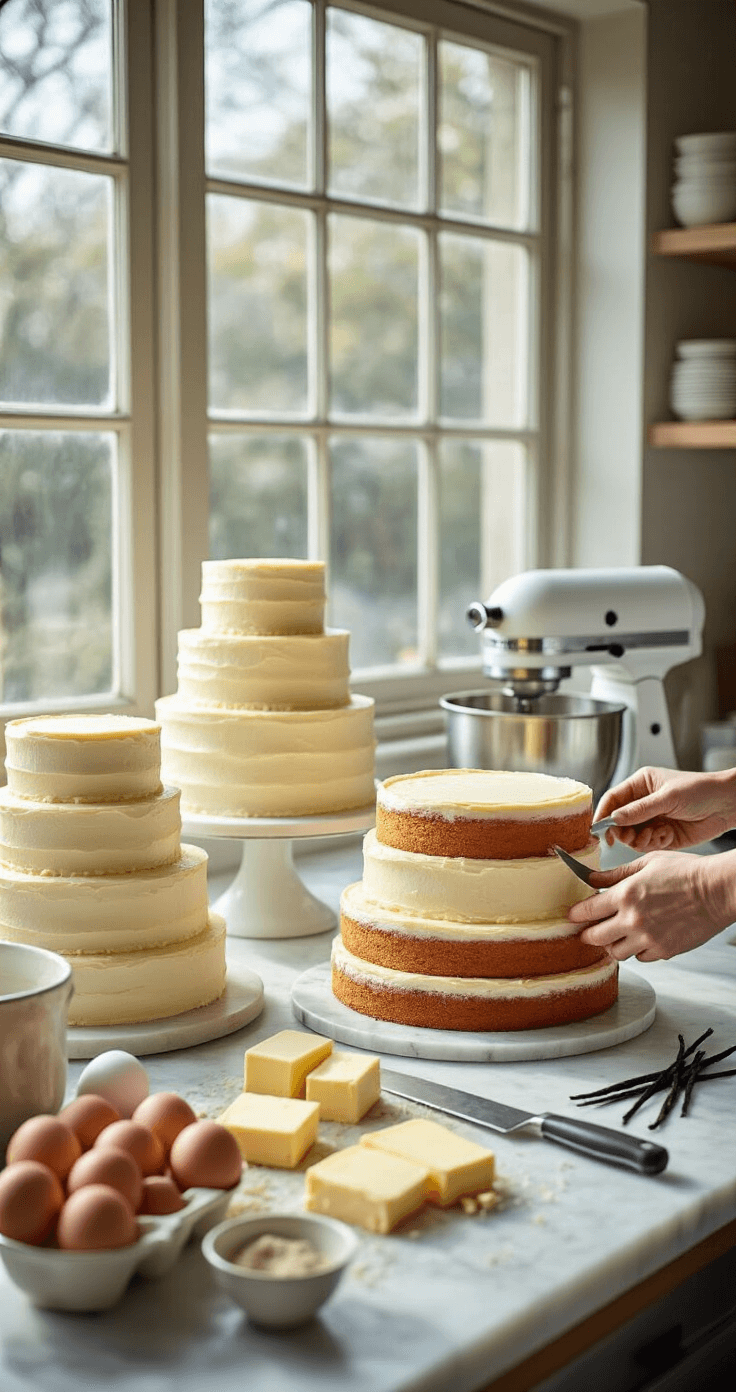 A professional bakery kitchen with natural light, featuring multiple tiers of golden vanilla cake layers on a marble countertop, as a baker levels the top with a serrated knife, surrounded by fresh ingredients like eggs, butter, and vanilla beans, with a stand mixer and measuring tools in the background.