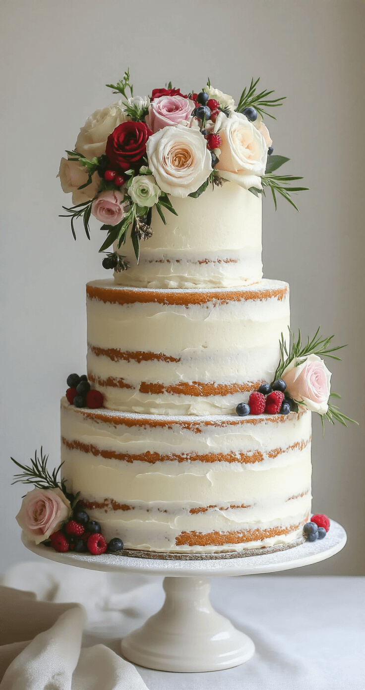 Elegant three-tiered naked wedding cake with exposed golden sponge and white buttercream, adorned with garden roses, wild berries, and rosemary, displayed on an antique white stand in soft light.