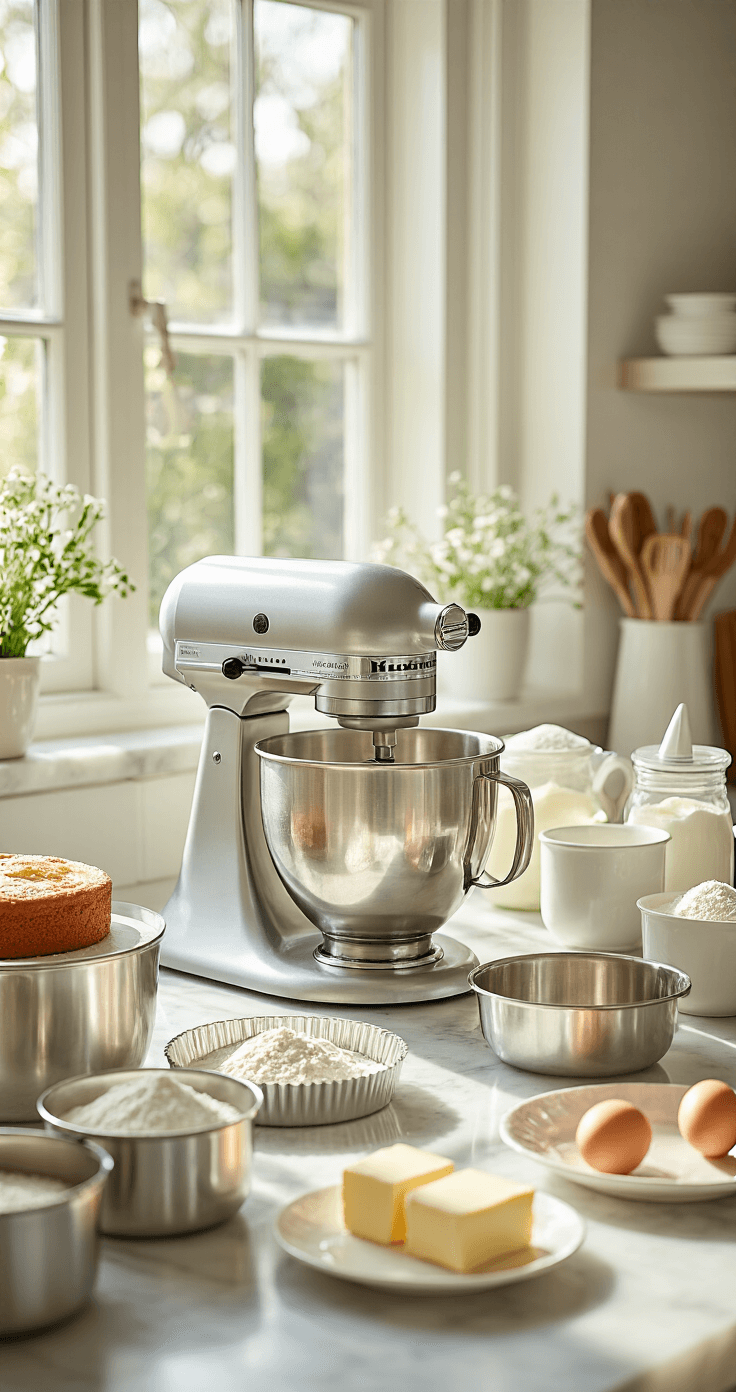 A sunny professional kitchen featuring a stainless steel stand mixer, arranged baking tools, measuring cups with flour and sugar, and fresh eggs and butter on a marble countertop.