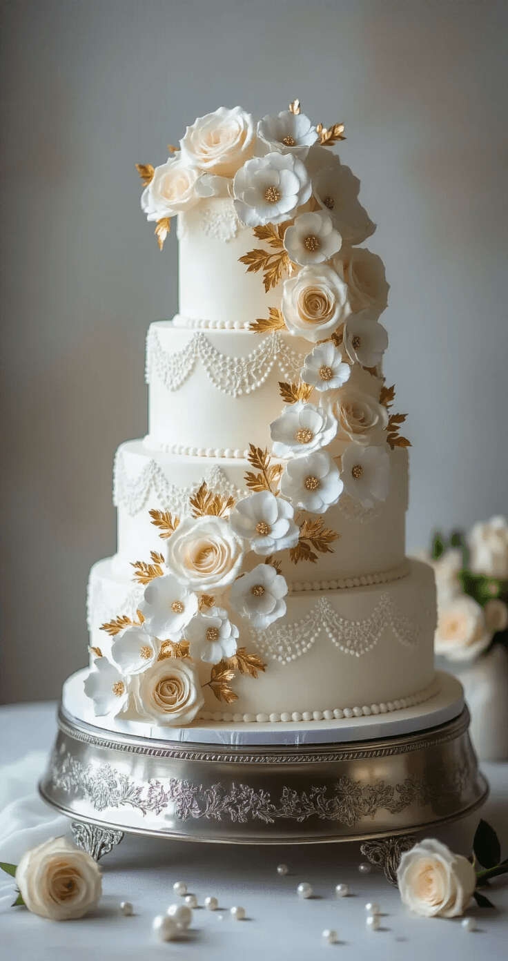 Three-tiered wedding anniversary cake on a silver stand, adorned with white buttercream, metallic flowers, lace patterns, gold leaf accents, fresh roses, and edible pearls, against a softly blurred background.