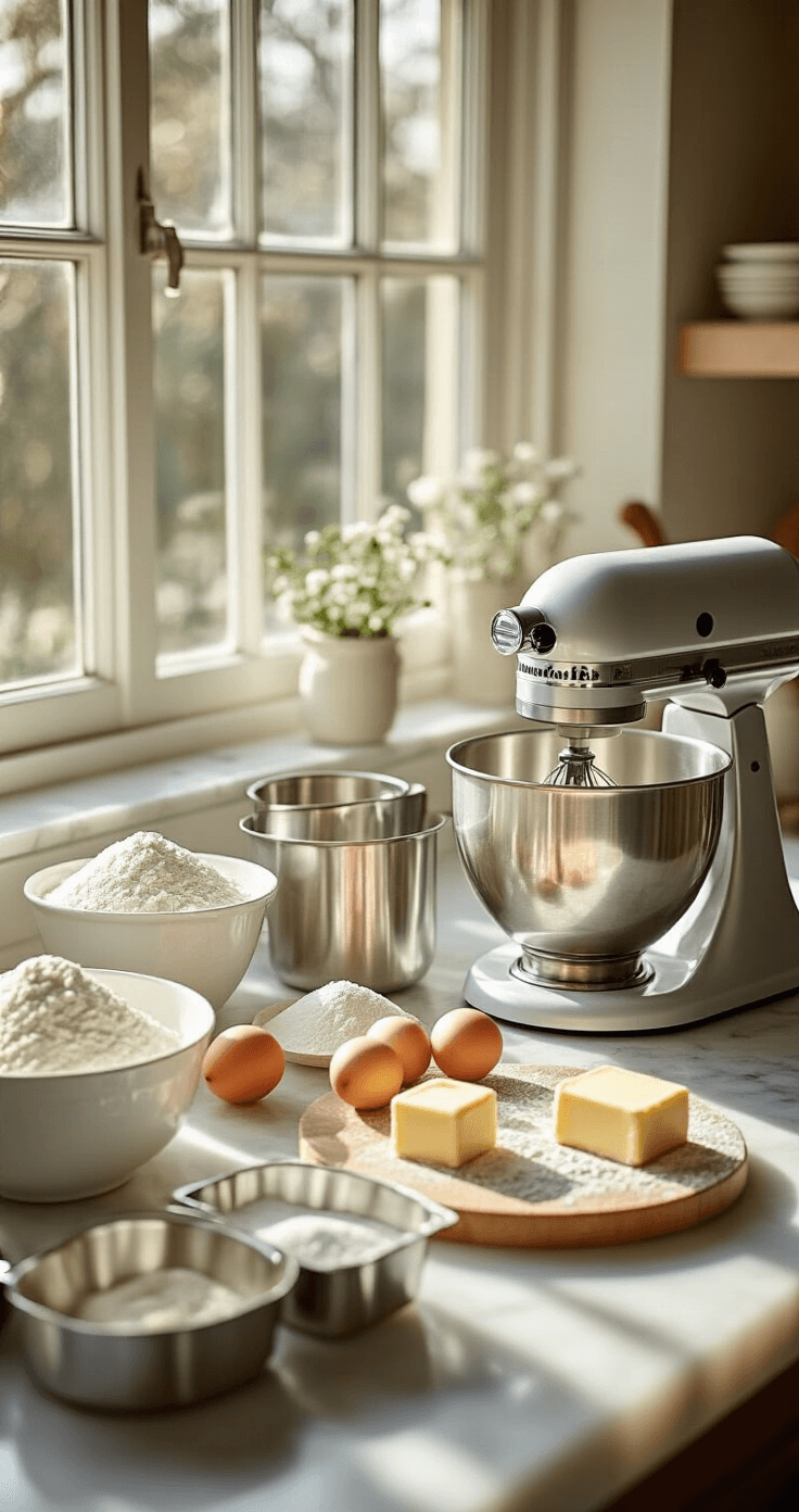One-Tier Wedding Cake - The Perfect Minimalist Celebration Centerpiece A sunlit kitchen counter displaying neatly arranged baking ingredients and professional tools for wedding cake preparation, with soft shadows and a high-end photography style.