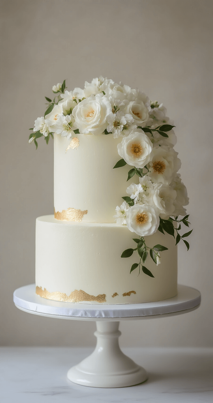 One-Tier Wedding Cake - The Perfect Minimalist Celebration Centerpiece An elegant one-tier wedding cake with white buttercream frosting and cascading fresh flowers, displayed on a white pedestal against a neutral background, featuring gold leaf accents and soft studio lighting.