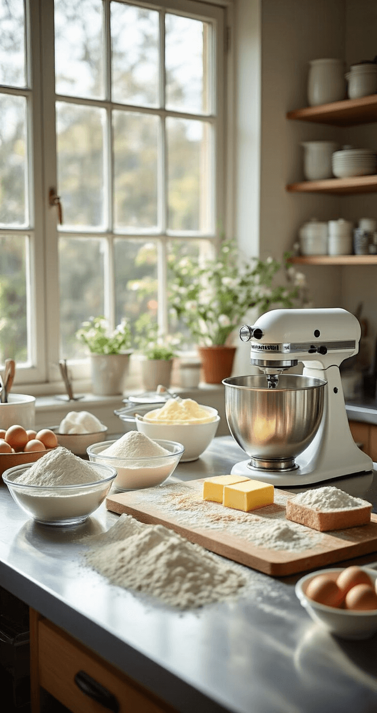 Professional baking studio with ingredients for wedding cake preparation, including flour, butter, and eggs, arranged on a stainless steel workstation illuminated by natural light.