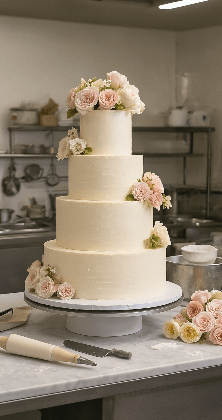 Elegant wedding cake mid-assembly in a well-lit kitchen, featuring three leveled tiers with ivory buttercream, delicate pastel sugar flowers, and professional cake tools on a marble surface.
