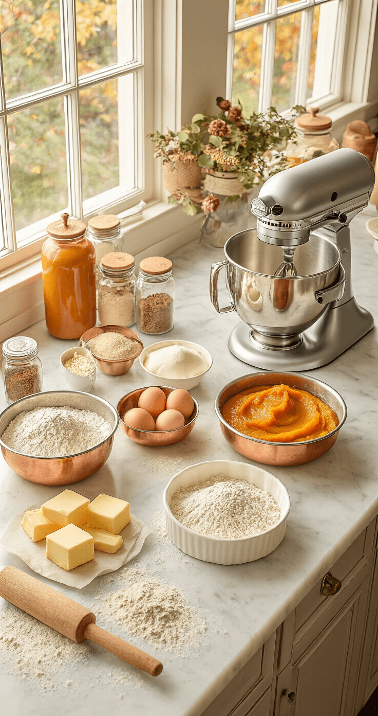 Overhead shot of a marble countertop with baking ingredients like flour, eggs, and spices in copper bowls, a stand mixer, and lined cake pans in natural light, creating a cozy fall wedding cake prep scene.