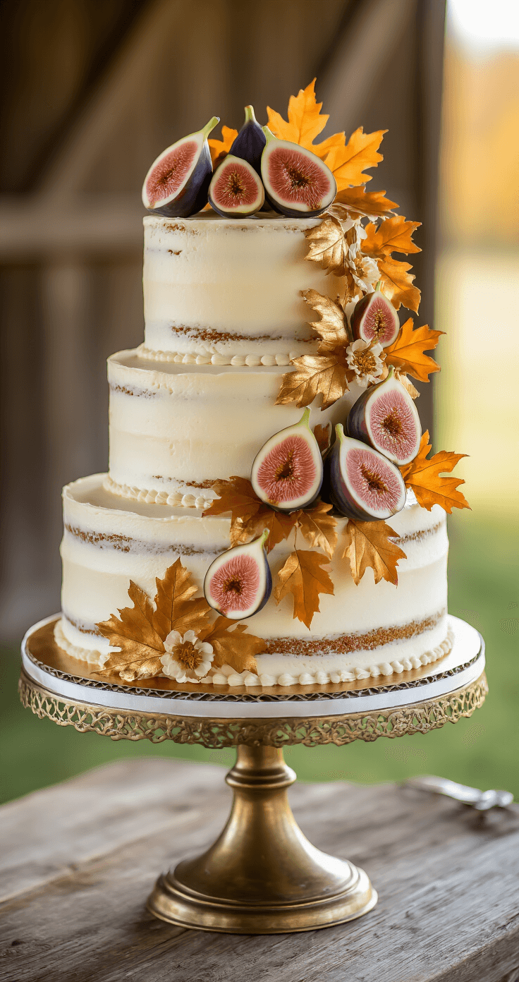 Close-up of an elegant three-tiered wedding cake on an antique brass stand, featuring semi-naked buttercream, fresh figs, golden-dusted autumn leaves, and pressed edible flowers, with a rustic barn backdrop and warm afternoon light.