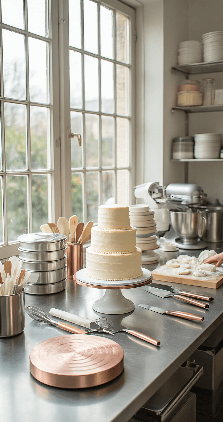 A bright bakery studio with a stainless steel workstation showcasing smooth cake layers and organized baking tools, including a rose gold cake turntable and premium cake pans, illuminated by natural light.