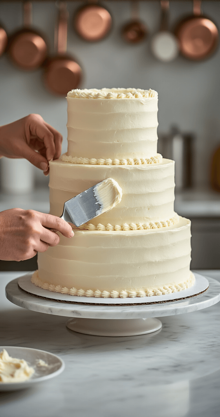 Close-up of a baker's hands applying a smooth crumb coat of white buttercream to a three-tier wedding cake on a rotating turntable, with a soft-focus backdrop of copper utensils and marble countertops.