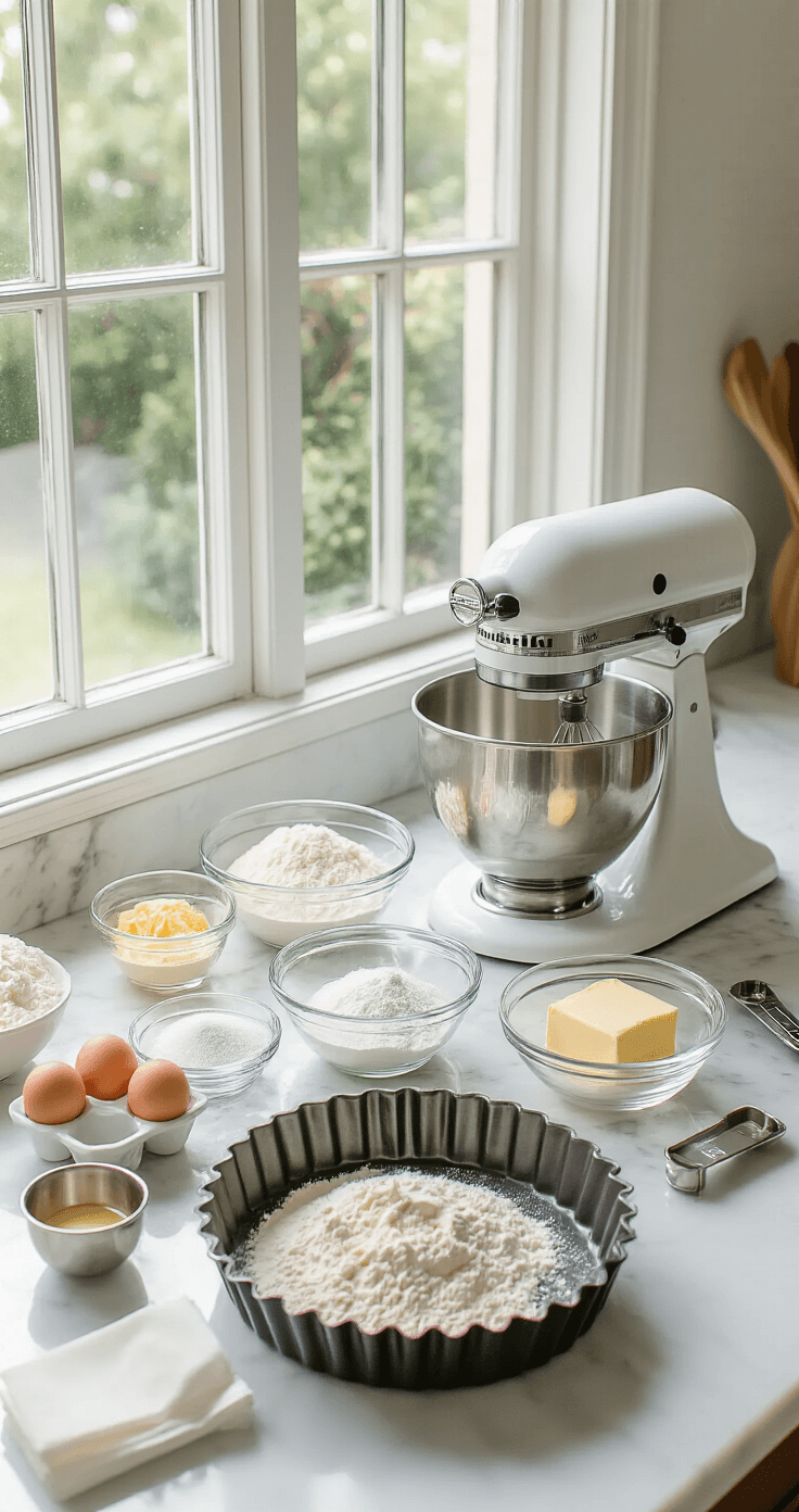 A bright marble countertop with neatly organized baking ingredients in glass bowls, a stand mixer, and a lined cake pan, all set for wedding cake preparation.