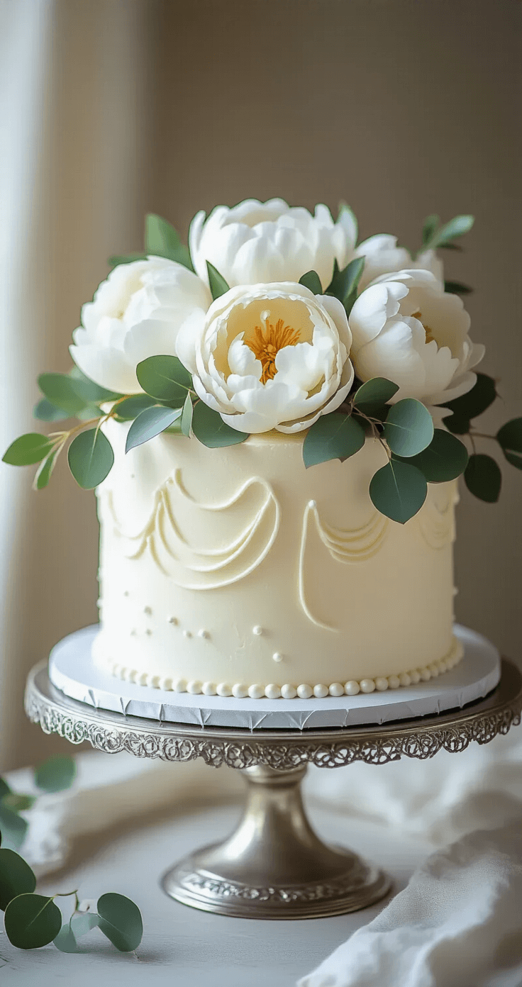 A single-tier wedding cake adorned with white buttercream, textured patterns, fresh peonies, and eucalyptus, placed on an antique silver stand with golden afternoon light highlighting its details.