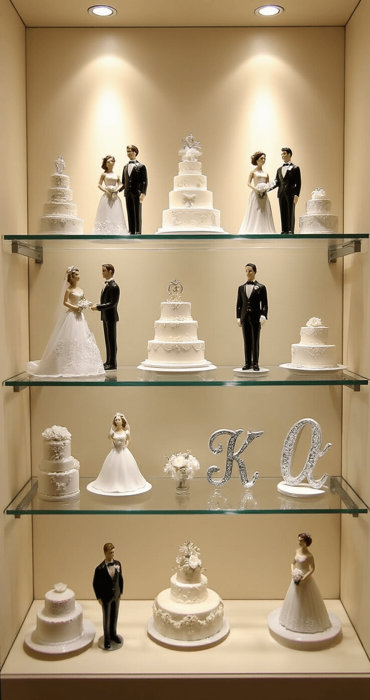 A showroom display featuring a variety of elegant wedding cake toppers on floating glass shelves, including porcelain couples, acrylic designs, and metallic monograms, all softly illuminated against a cream backdrop.