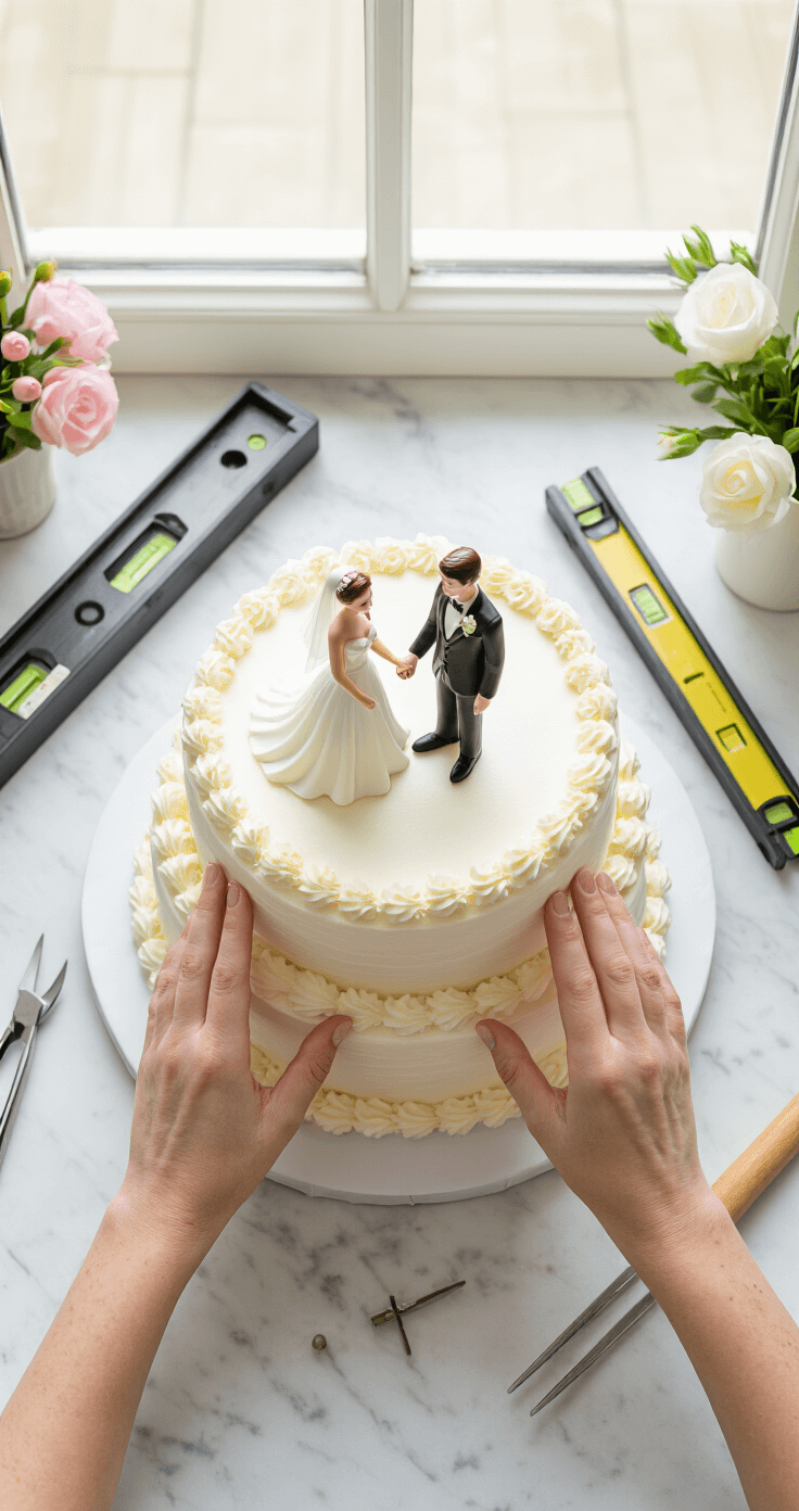 Overhead view of a baker centering a bride and groom cake topper on a white wedding cake, with professional tools like a miniature level and support dowels on a marble workspace, illuminated by natural light.