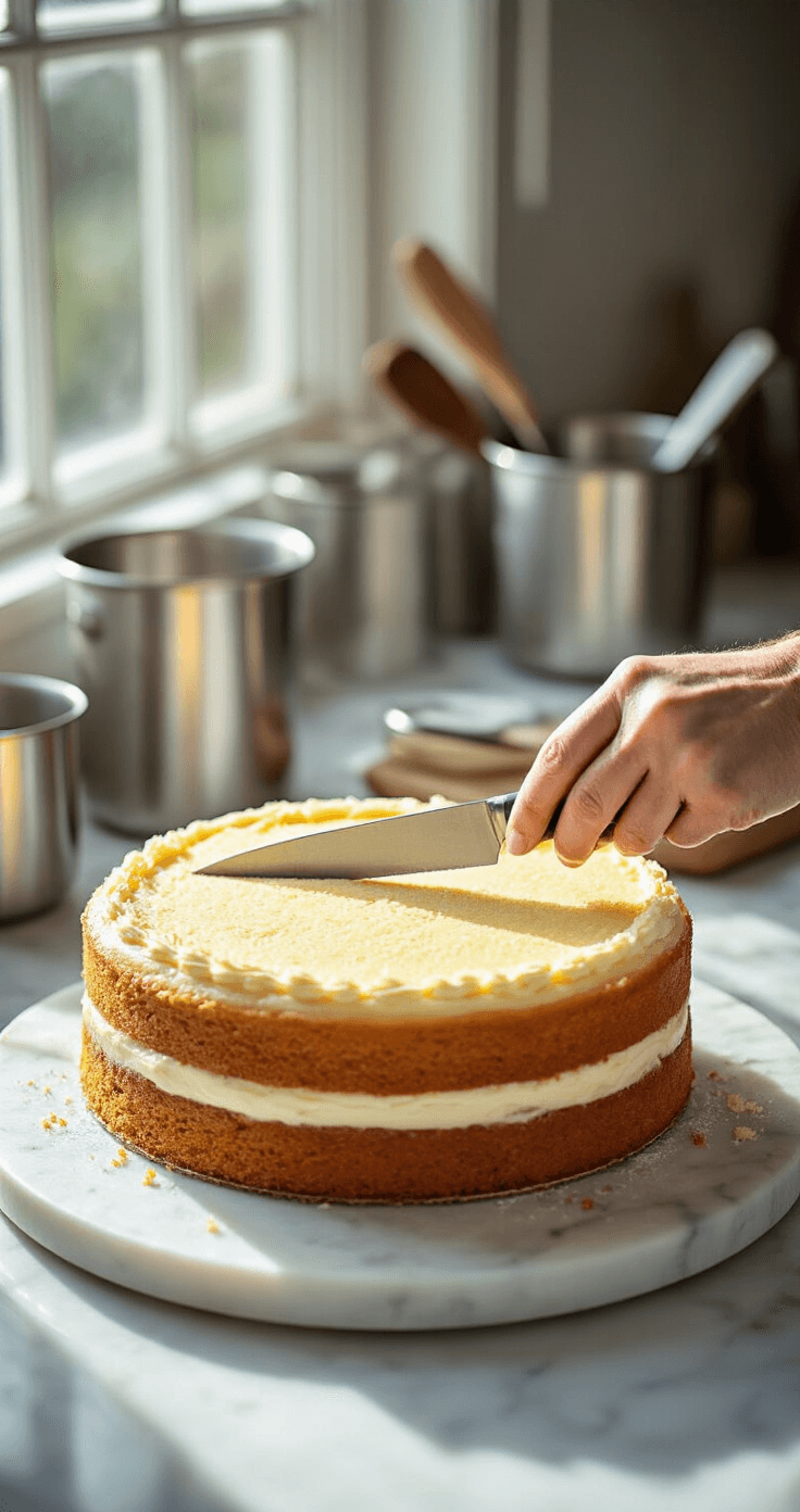 Close-up of a professional baker leveling a golden vanilla cake layer with a serrated knife on a marble countertop, illuminated by natural sunlight, with stainless steel tools in the background.
