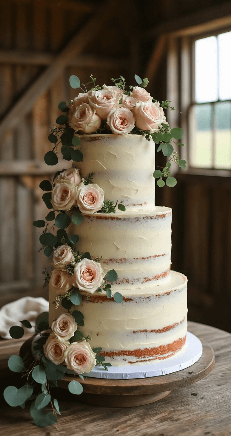 A three-tiered semi-naked wedding cake on an antique wooden table in a rustic barn, adorned with fresh garden roses, wild eucalyptus, and gold leaf, showcasing an organic bohemian aesthetic.