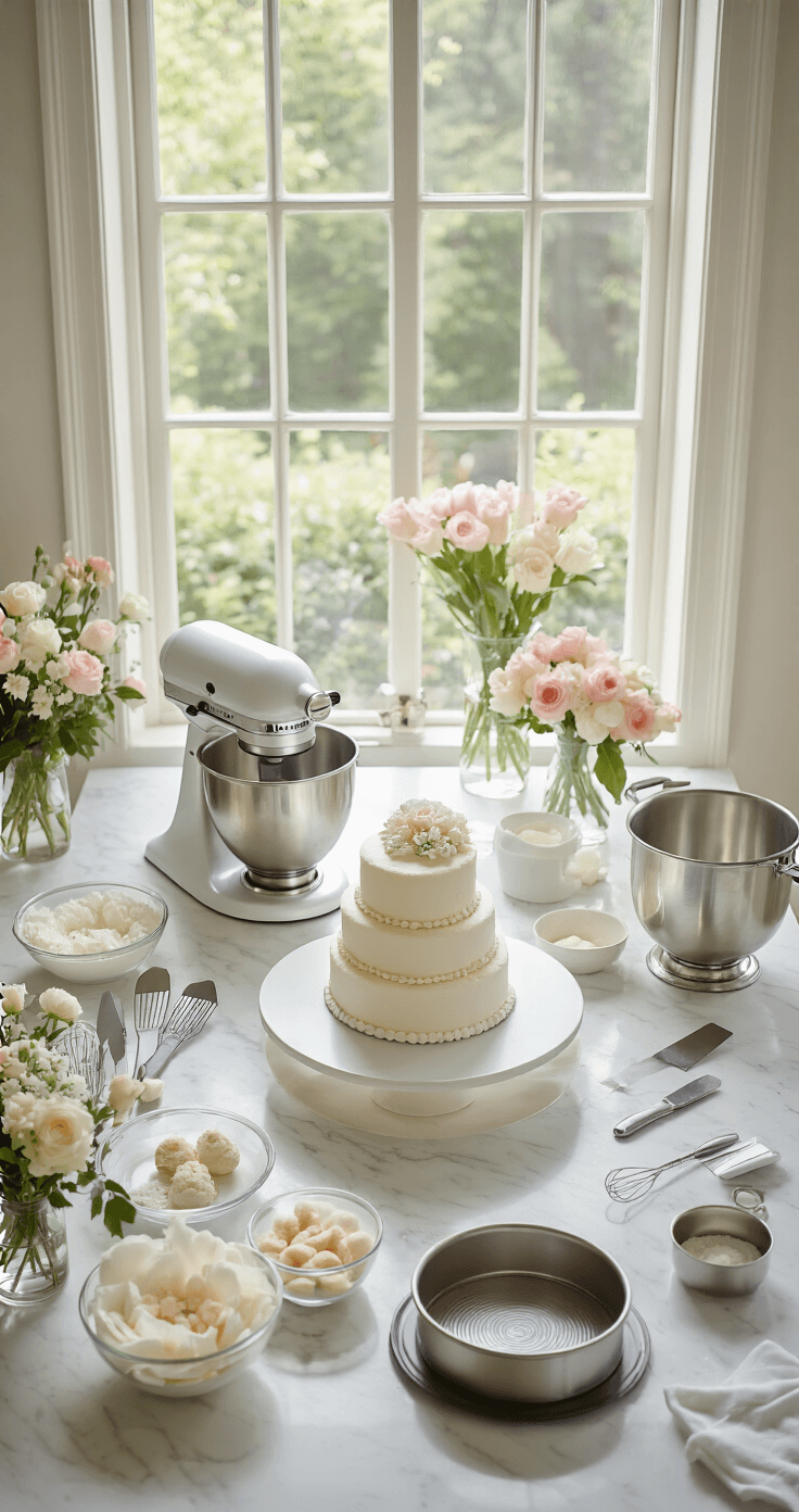 Overhead view of a marble countertop with baking tools, fresh ingredients, and sugar flowers, creating a serene wedding cake preparation scene.