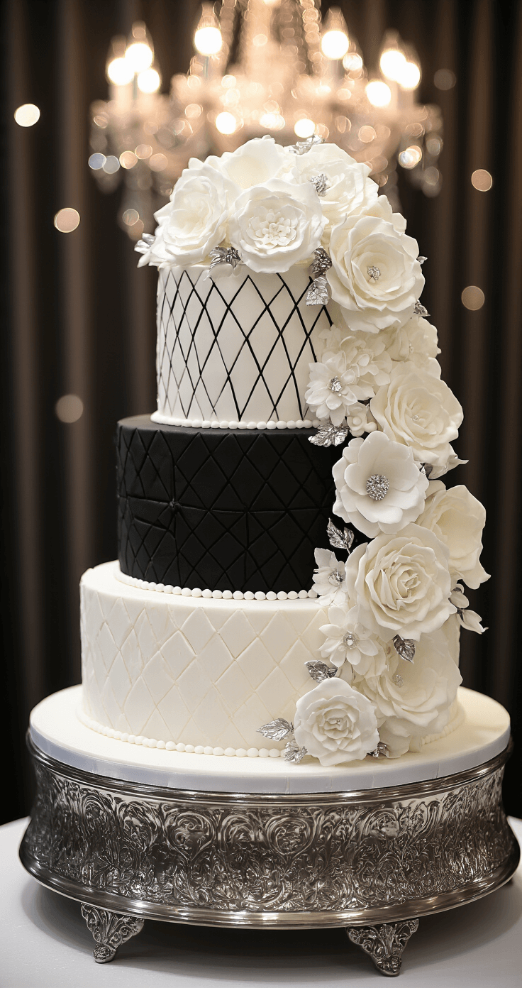 Dramatic close-up of a 4-tier black and white wedding cake with geometric patterns, adorned with cascading white sugar flowers and metallic silver accents, displayed on a silver stand with crystal chandelier bokeh in the background.