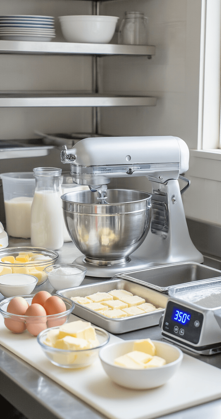 Professional bakery workspace illuminated by natural light, showcasing a stainless steel stand mixer, neatly arranged ingredients including room temperature eggs, butter, and milk, and two lined cake pans, with a digital oven thermometer reading 350°F.