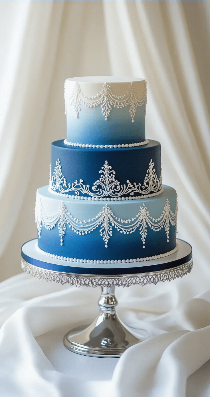 Elegant three-tiered wedding cake in gradient powder blue to navy buttercream with white piped lace and silver sugar pearls, displayed on mirrored stand against a backdrop of white silk drapery.