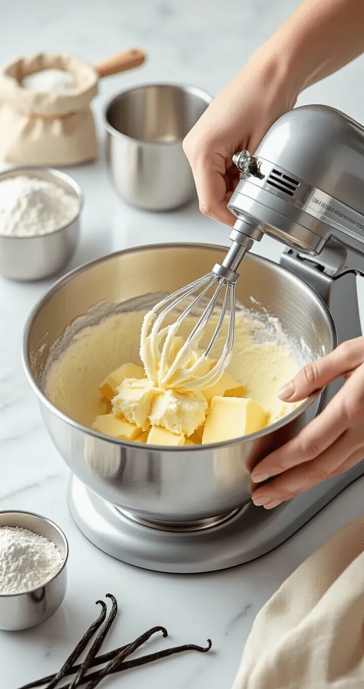 Close-up of hands mixing butter and sugar in a stainless steel mixer bowl, creating a fluffy mixture with natural lighting; background features marble countertop, measuring cups, and fresh ingredients.