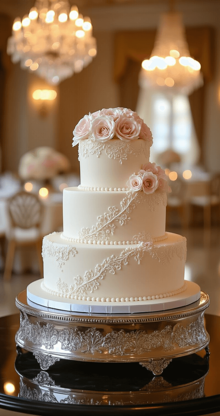 Elegant three-tiered heart-shaped wedding cake on a silver stand, adorned with white buttercream frosting, piped lace, soft pink and pearl white sugar flowers, and edible gold leaf, set against a luxurious reception venue with blurred crystal chandeliers in the background.