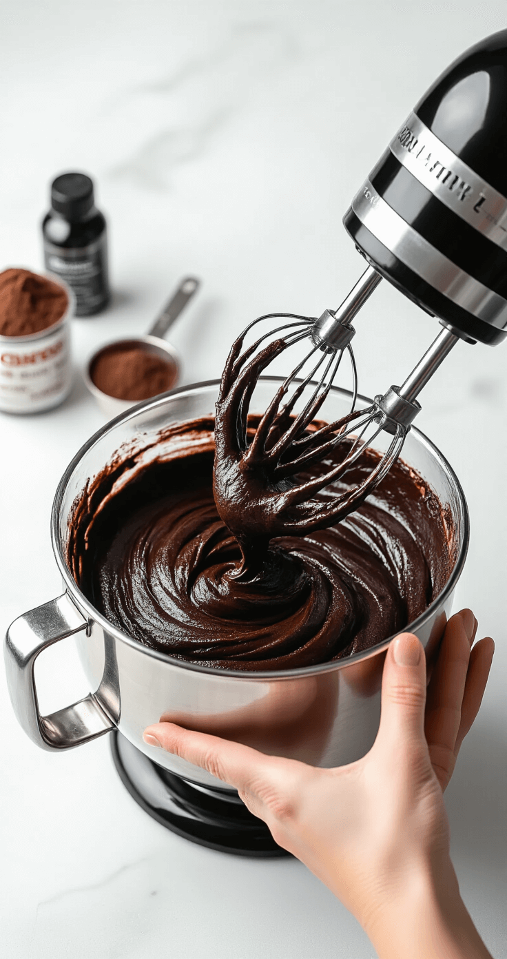 Close-up of hands mixing rich black cake batter in a stainless steel stand mixer, with glossy chocolate swirls and black cocoa powder in the background on a marble countertop.
