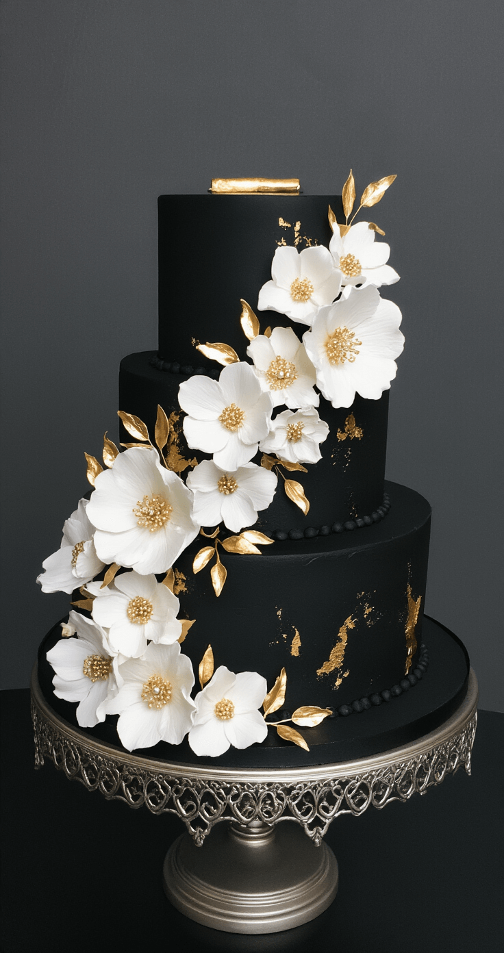 A dramatic overhead view of a three-tiered black wedding cake with a matte buttercream finish, adorned with metallic gold leaf accents and white sugar flowers, displayed on a silver stand against a dark grey backdrop, highlighting its intricate textures in moody lighting.