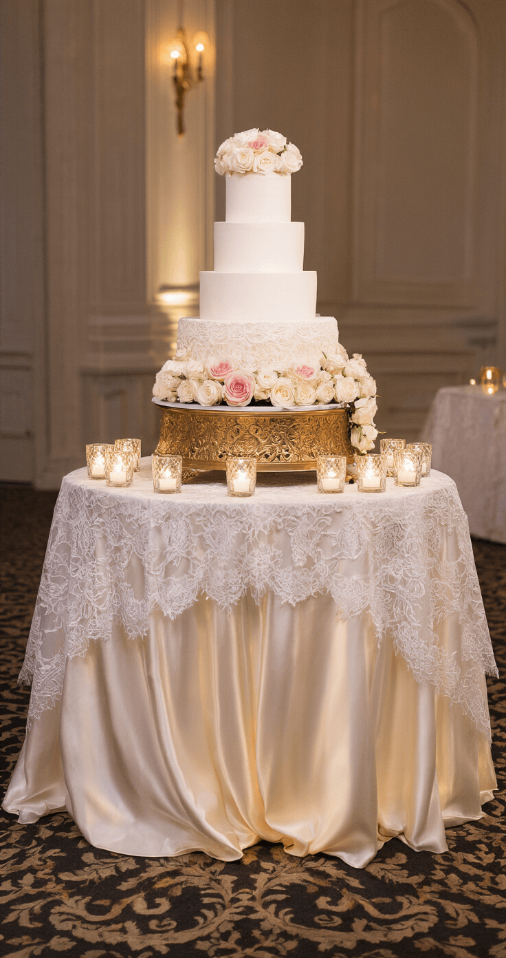 A luxurious wedding cake table featuring a 3-tier white cake on a gold stand, adorned with white and blush roses, illuminated by warm candlelight and surrounded by lace overlays in an elegant ballroom setting.