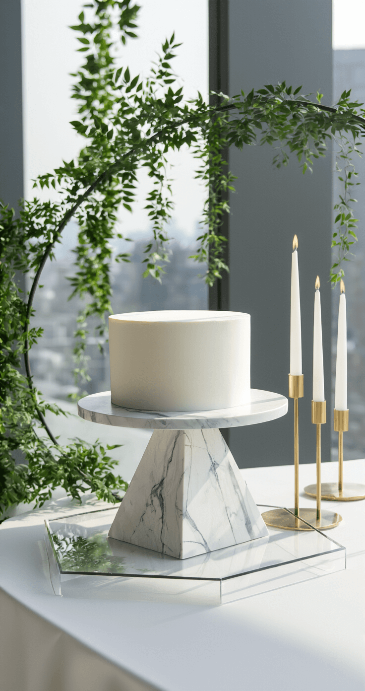 A modern minimalist cake display featuring a two-tier geometric marble cake on a sleek stand, set on a white table with acrylic overlay, surrounded by greenery, metallic accents, spotlights, and brass candleholders in a high-end urban venue.