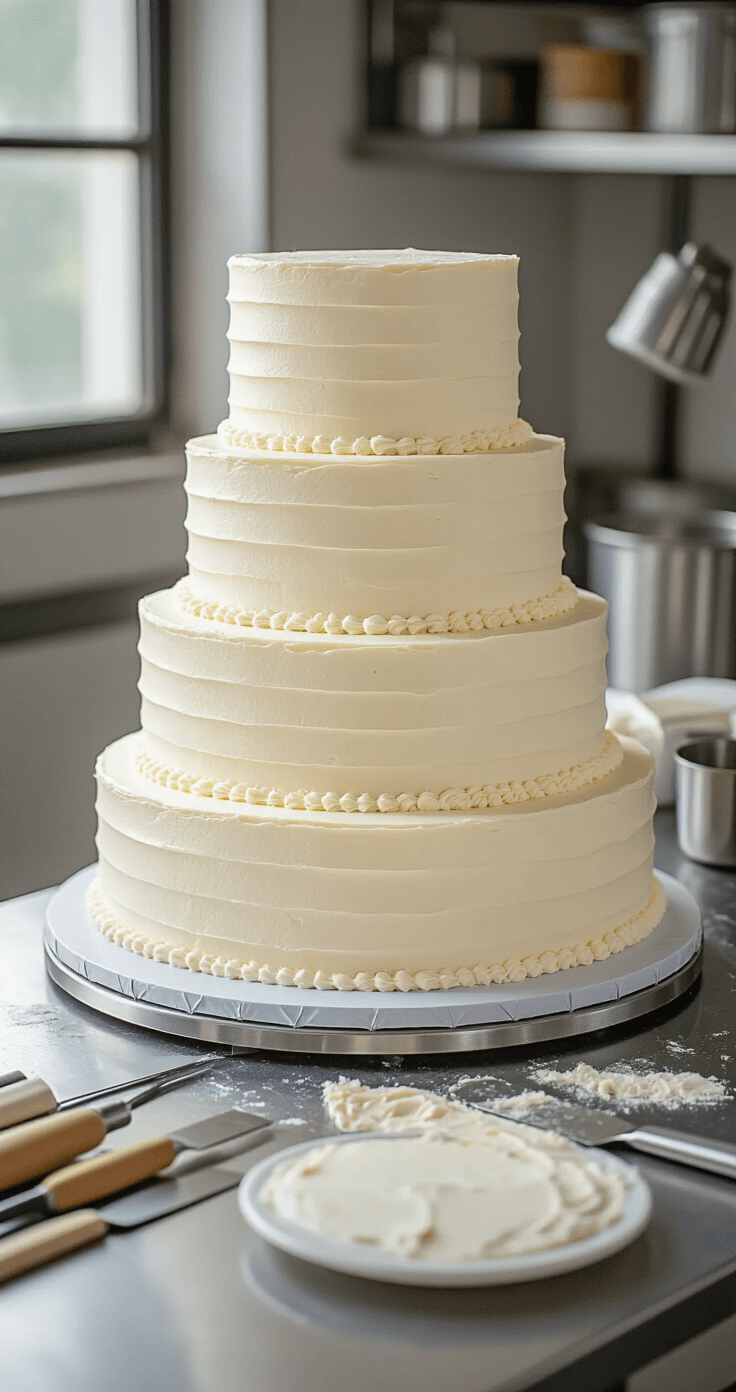 Close-up of a pristine white three-tiered wedding cake being assembled on a stainless steel workstation, featuring smooth buttercream layers and dowel supports, with professional tools like spatulas and piping bags nearby.