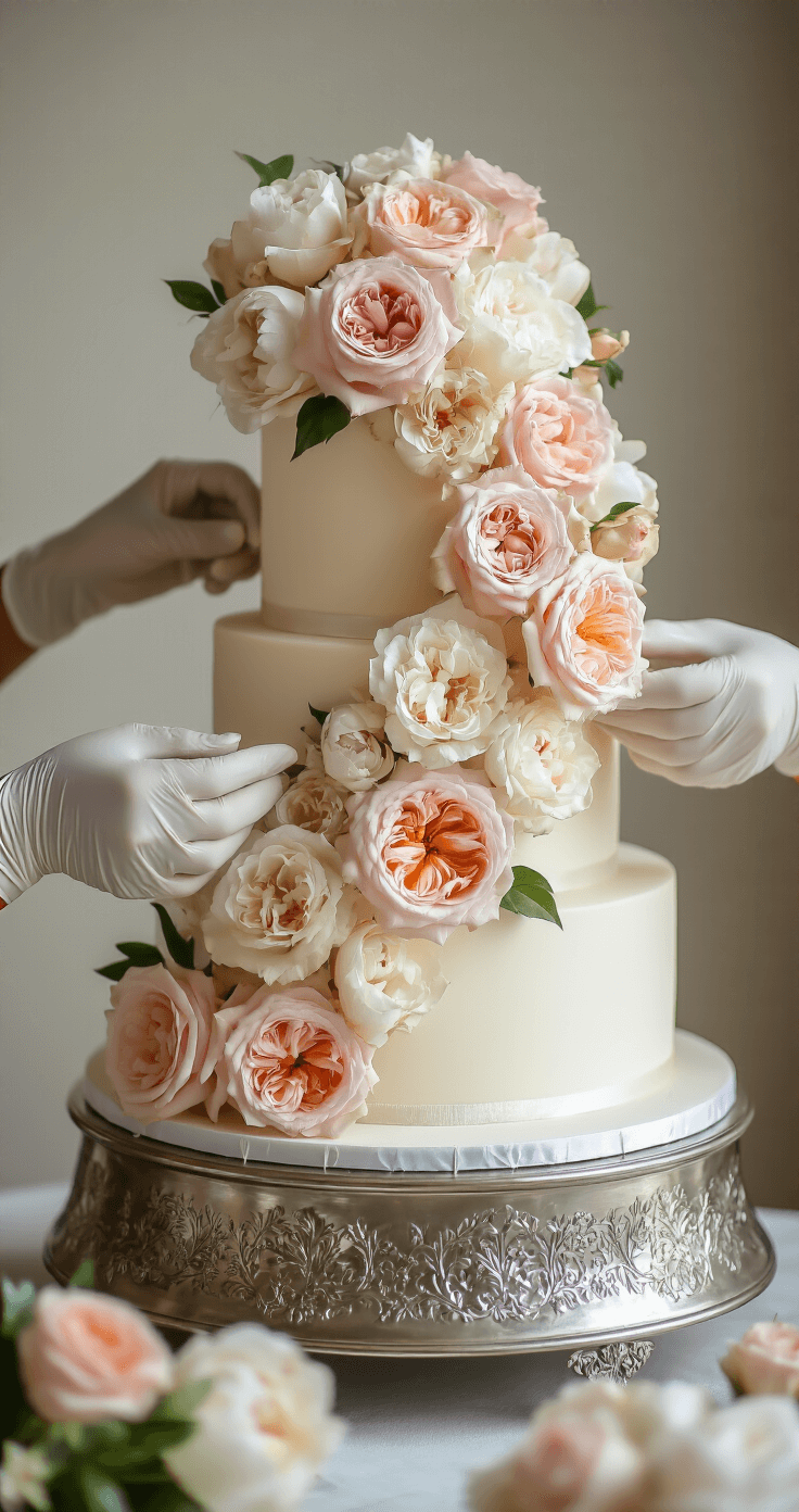 Dramatic overhead view of a three-tiered wedding cake being elegantly decorated with fresh pink and cream roses and peonies, illuminated by golden afternoon light, as a professional pastry chef in white gloves places a garden rose on the cake.
