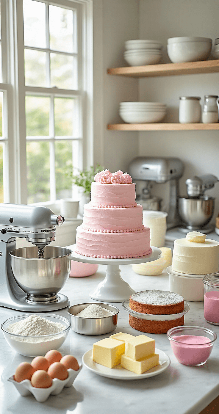 A well-organized professional kitchen baking station featuring a marble countertop with multiple cake pans, a stand mixer, and measured ingredients for a pink wedding cake, illuminated by soft natural light.