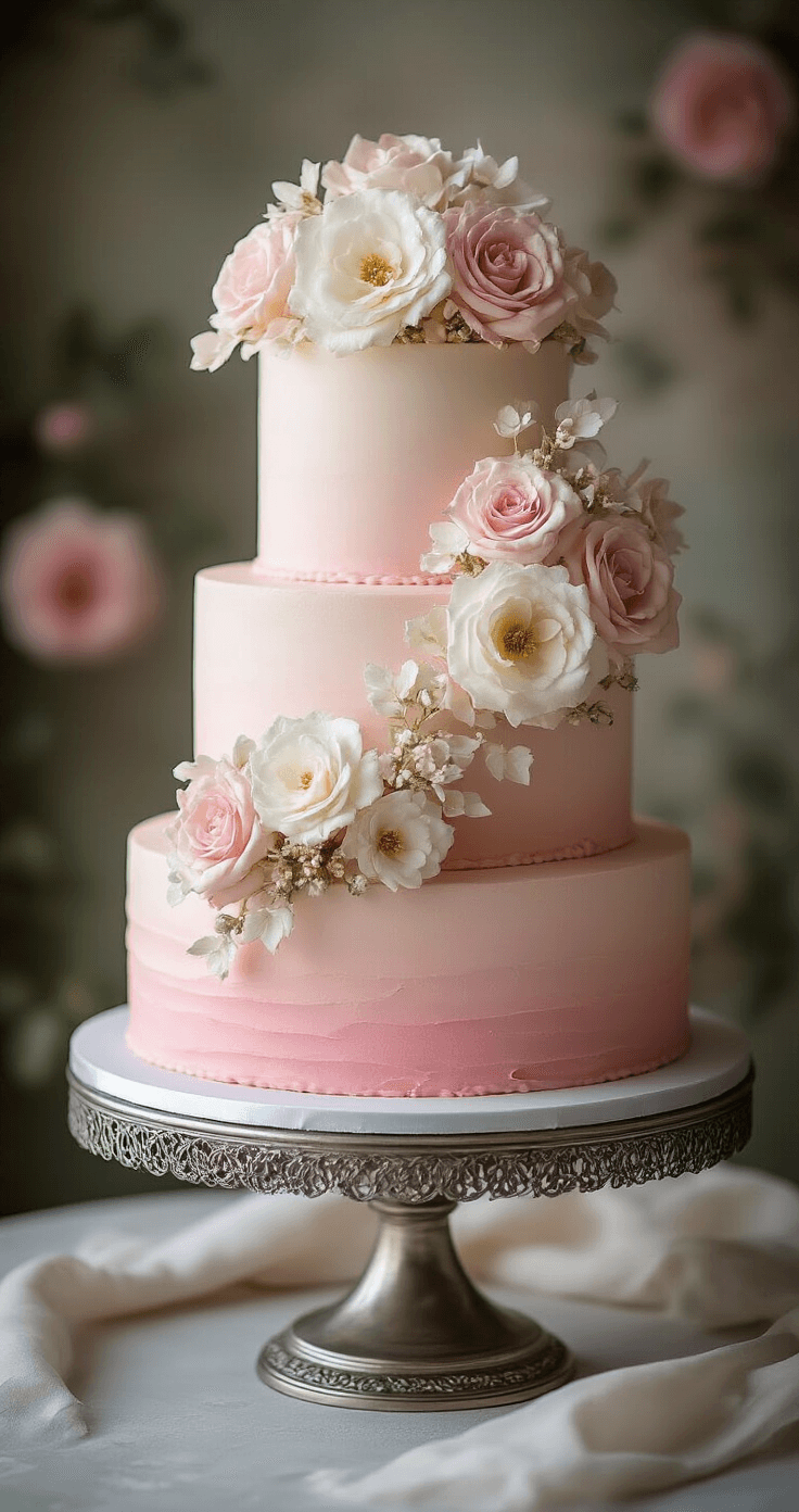 Elegant 3-tier pink ombré wedding cake on ornate silver stand, featuring cascading sugar flowers and metallic accents, against a soft-focus botanical backdrop.